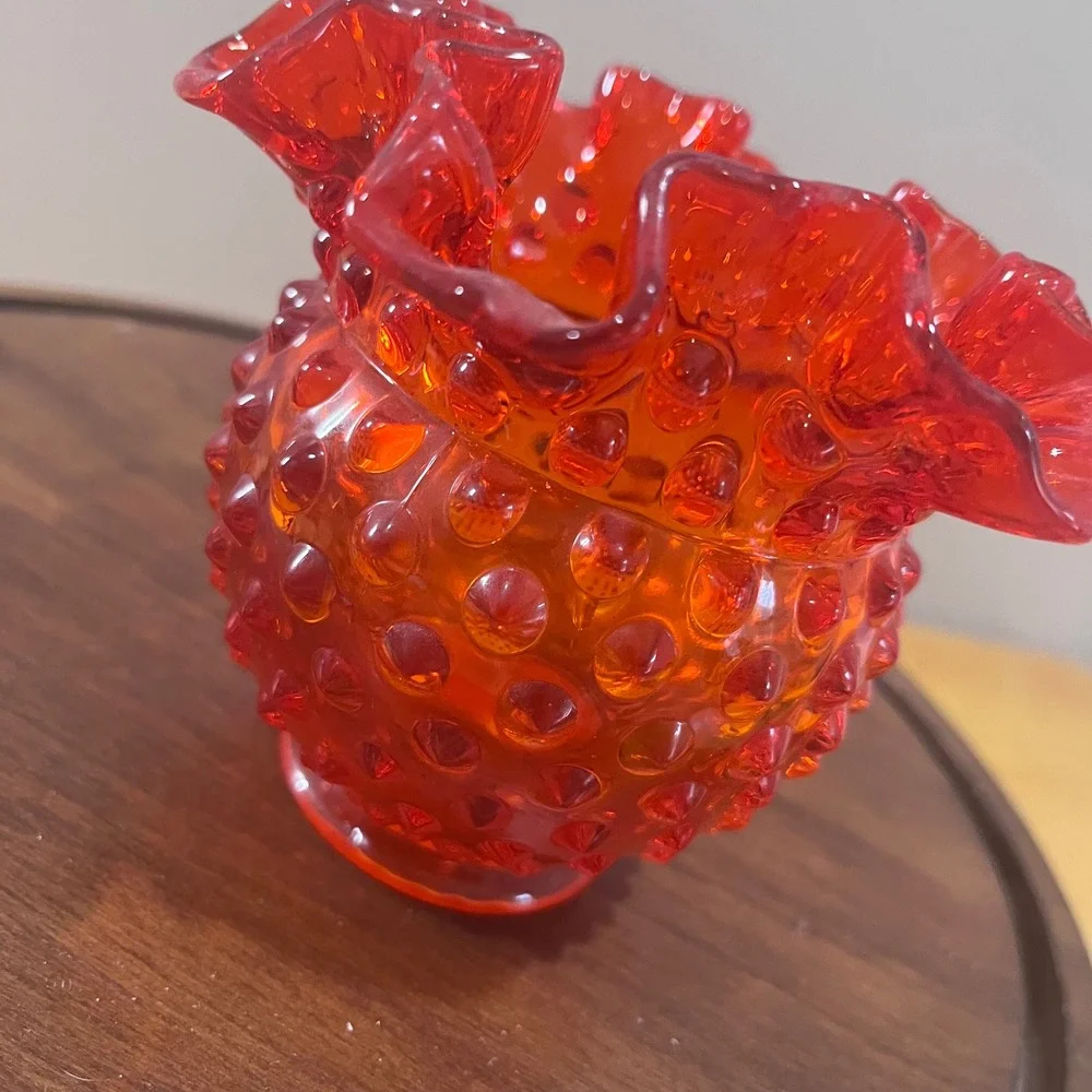 Vtg Fenton Red Orange Hobnail Glass Ruffled‎ Rose Bowl Vase Mid Century Modern